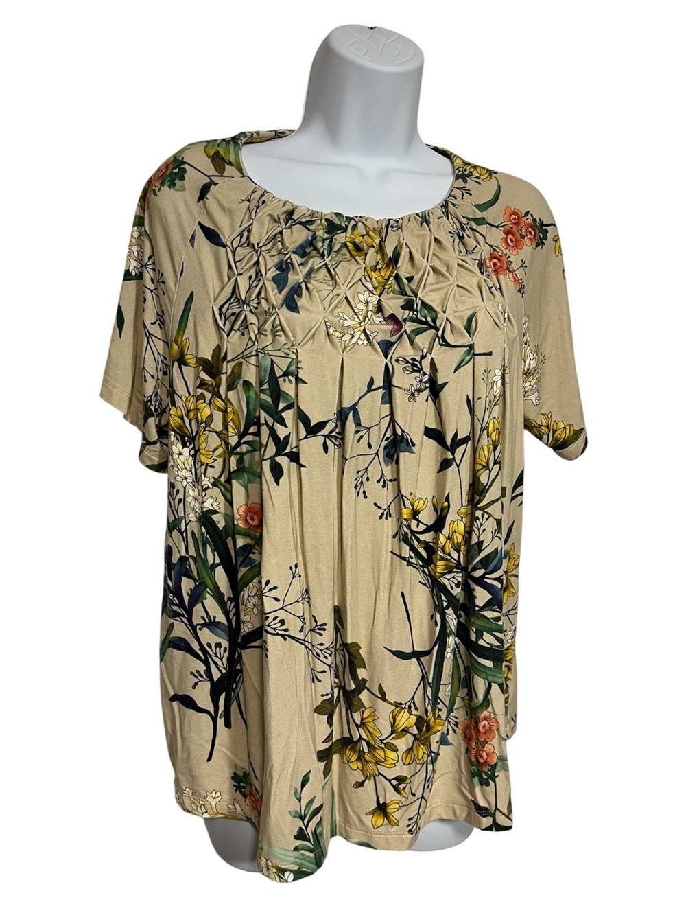 Chico's Gorgeous Floral Short-Sleeve Ruched Neck Blouse Size Large Spring